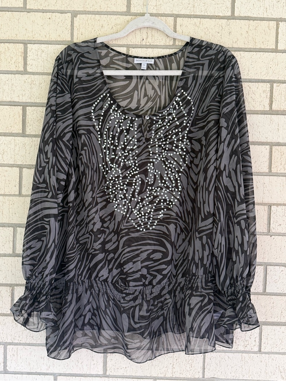 Fashion Bug Black and Gray Abstract Beaded V-Neck Blouse